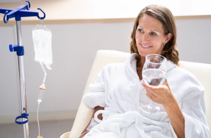 A person in a white robe receiving glutathione IV therapy, holding a glass of water, with a serene and radiant expression, symbolizing wellness and rejuvenation.