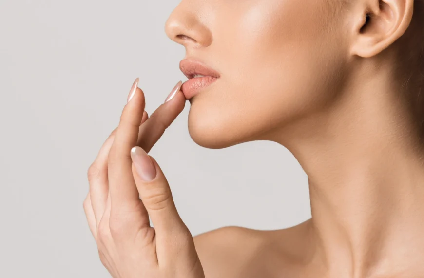 Close-up of a woman with smooth skin gently touching her lips, showcasing a subtle, natural lip blush tint from Triangle Wellness & Anti-Aging's treatment, enhancing her perfect pout.