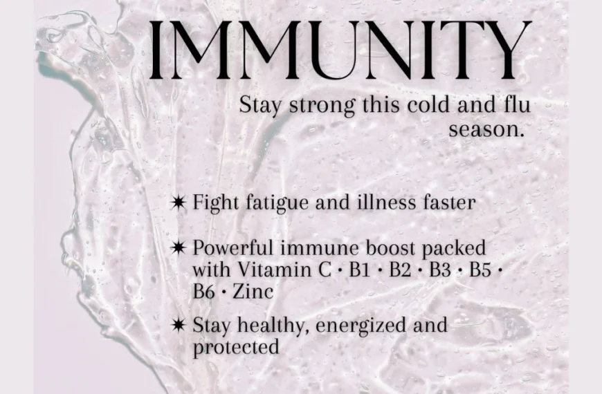 A promotional image with a light purple background featuring a translucent, gel-like substance on the left side. The text reads "IMMUNITY" in large, bold letters at the top, followed by "Stay strong this cold and flu season." Below this, three bullet points state: "★ Fight fatigue and illness faster," "★ Powerful immune boost packed with Vitamin C • B1 • B2 • B3 • B5 • B6 • Zinc," and "★ Stay healthy, energized and protected."