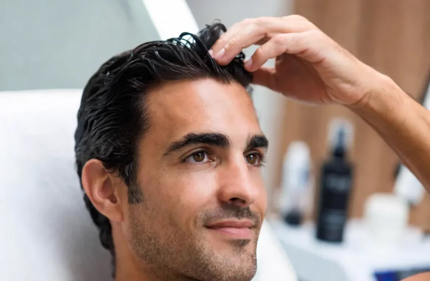 Smiling man in his 30s-40s with full, dense, and shiny dark hair in a modern clinic setting, highlighting the benefits of PRP hair restoration combined with Plated Hair Serum at Triangle Wellness & Anti-Aging
