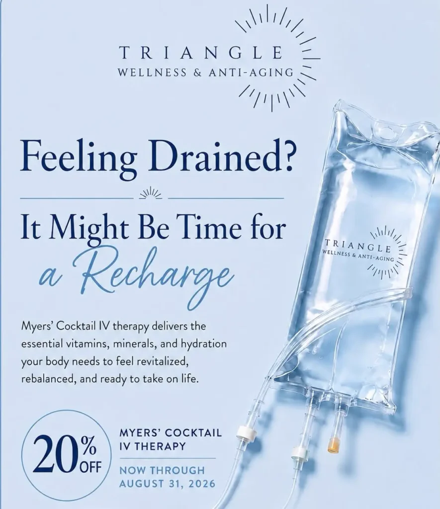 Triangle Wellness & Anti-Aging August 2026 special promoting 20% off Myers’ Cocktail IV therapy through August 31, 2026, featuring an IV hydration bag and wellness messaging.