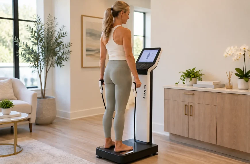 Woman undergoing an InBody body composition analysis to measure body fat, muscle mass and hydration.