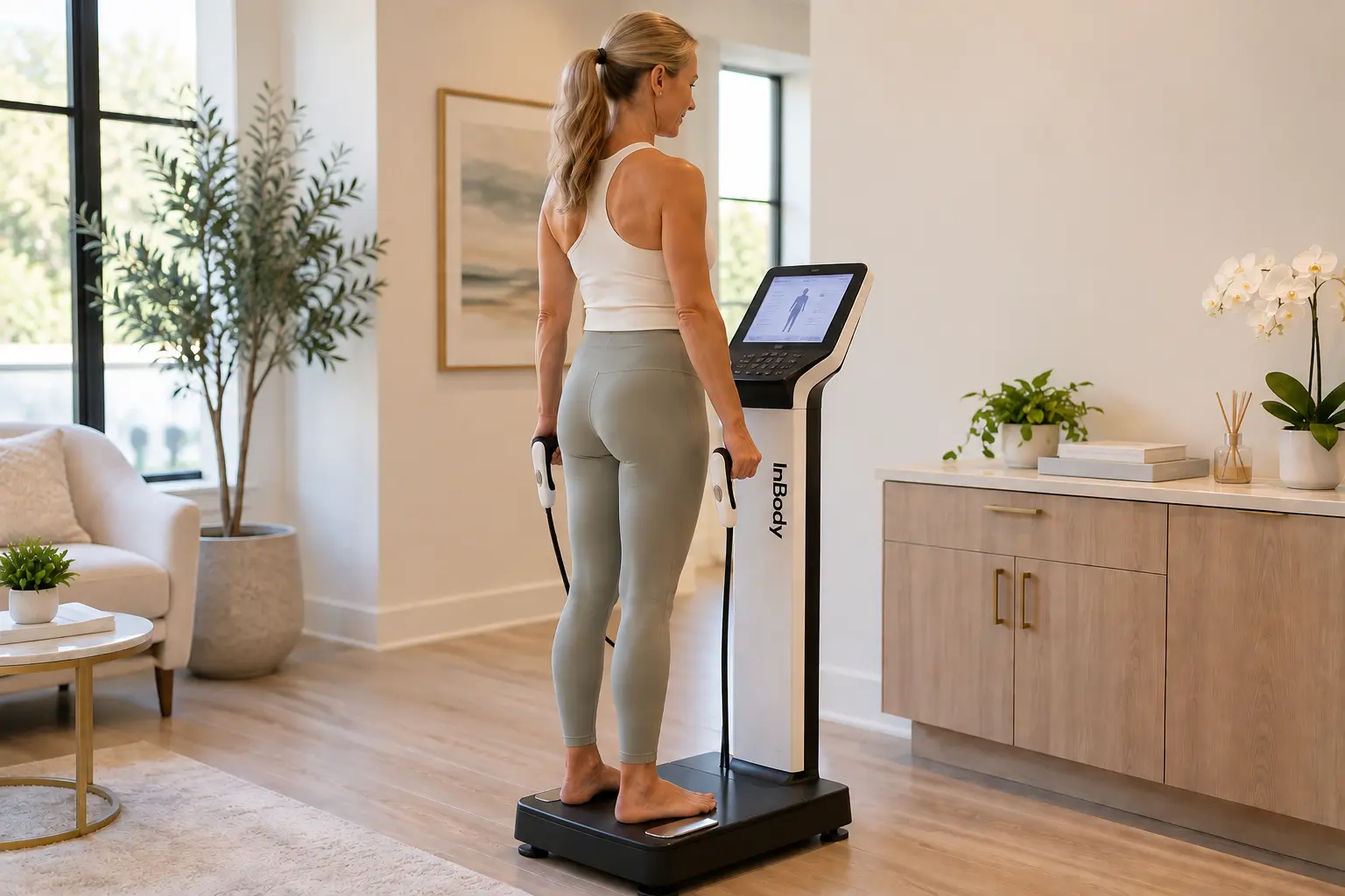 Woman undergoing an InBody body composition analysis to measure body fat, muscle mass and hydration.