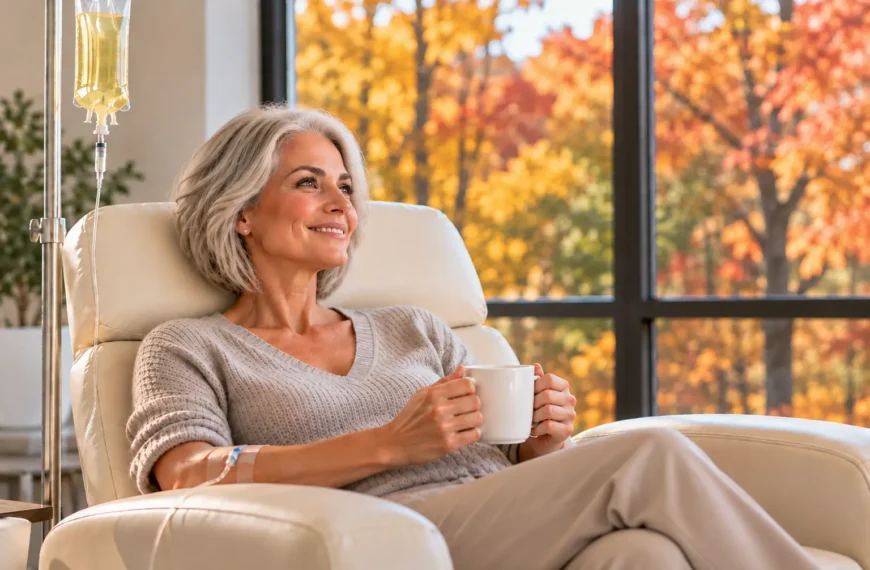 Woman with short gray hair relaxing in a comfortable chair during Raleigh IV therapy, enjoying a warm drink while receiving an IV infusion in a cozy setting with autumn views.