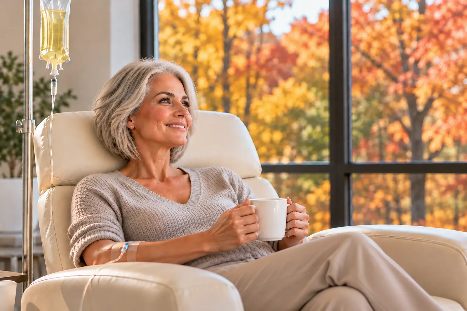 Woman with short gray hair relaxing in a comfortable chair during Raleigh IV therapy, enjoying a warm drink while receiving an IV infusion in a cozy setting with autumn views.