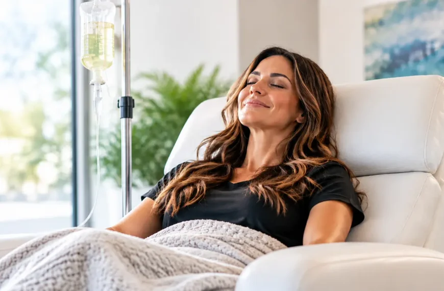 Woman relaxing in a modern wellness clinic while receiving IV therapy at Triangle Wellness.