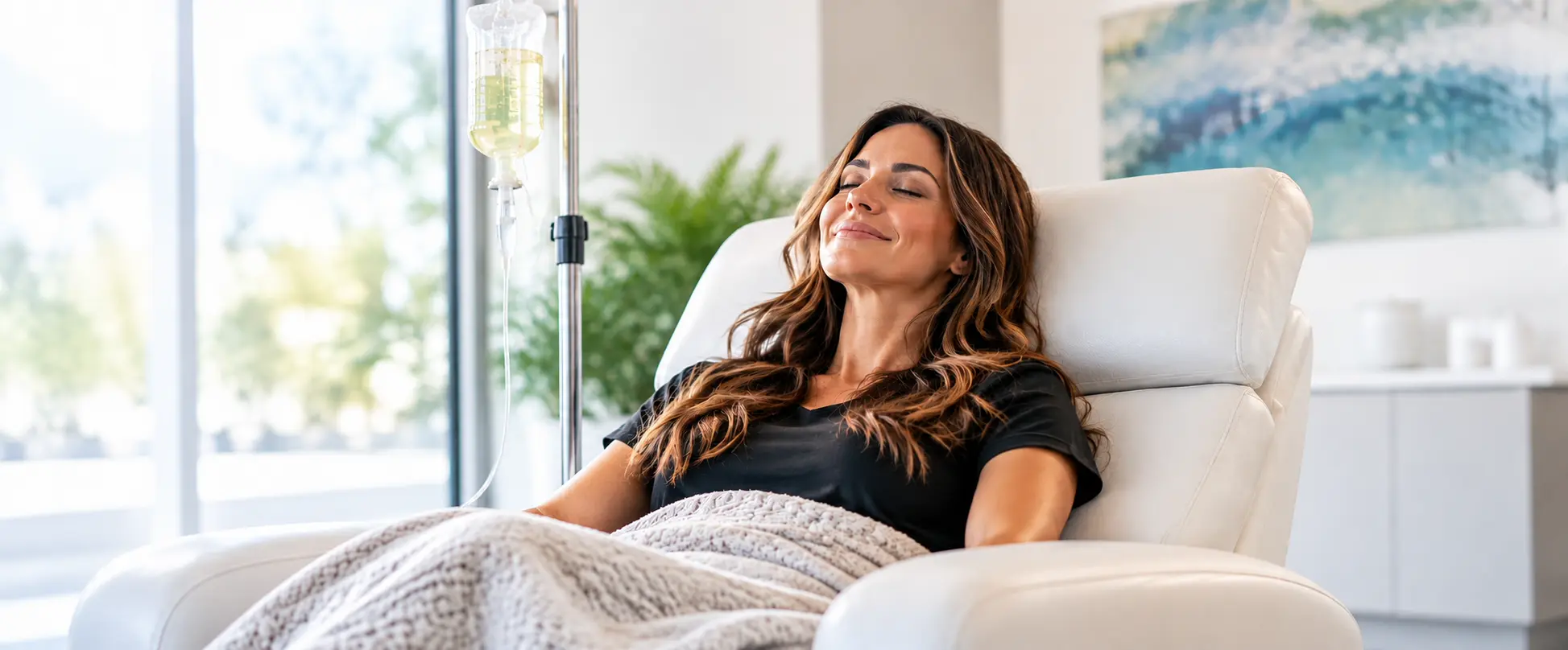 Woman relaxing in a modern wellness clinic while receiving IV therapy at Triangle Wellness.